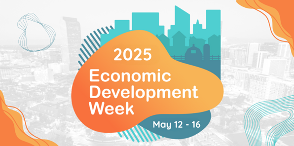 Cartoon image of city skyline with 2025 Economic Development Week text showing from May 12-May16