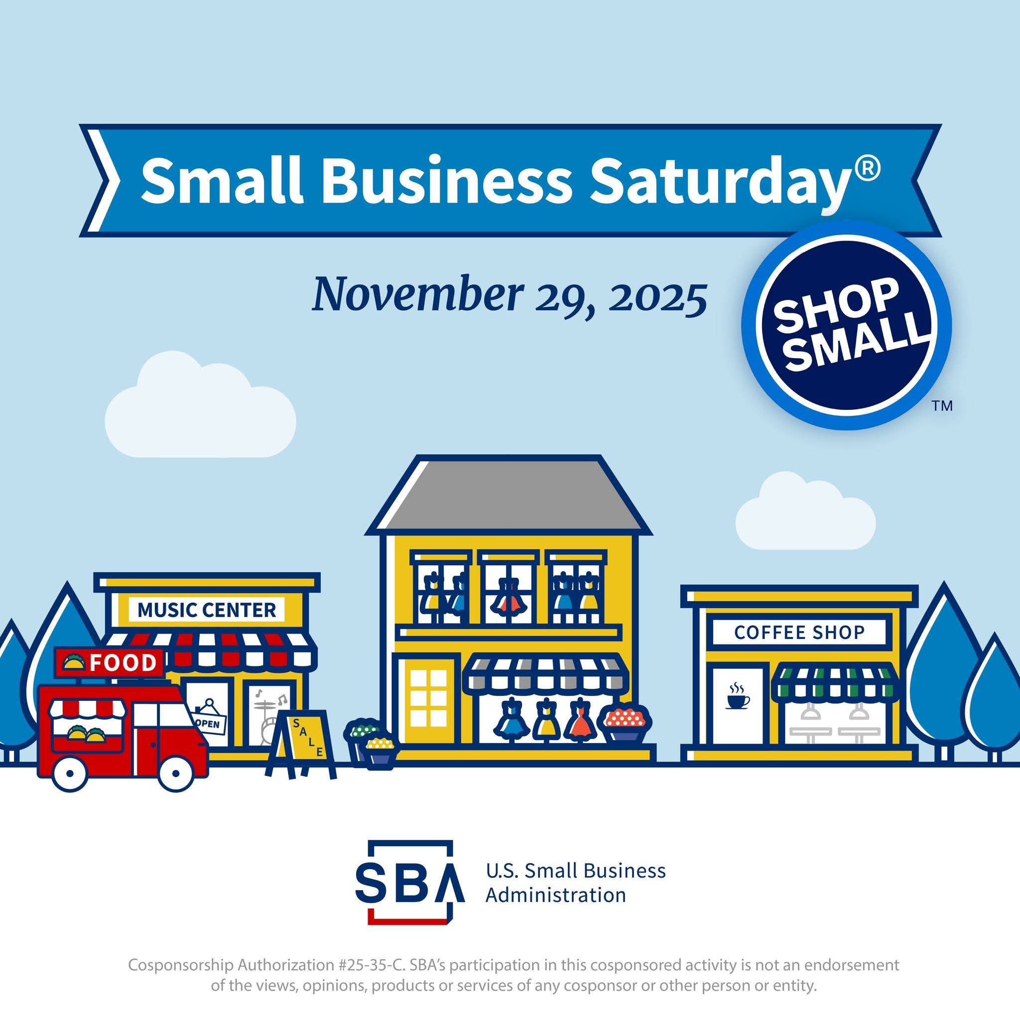 Cartoon image of store fronts and text on Small Business Saturday 2025