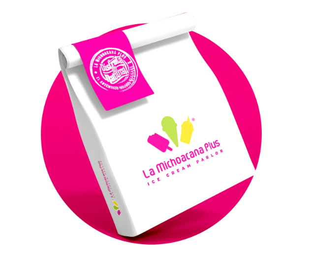 White bag with a pink sticker and the words La Michoacana Plus on it