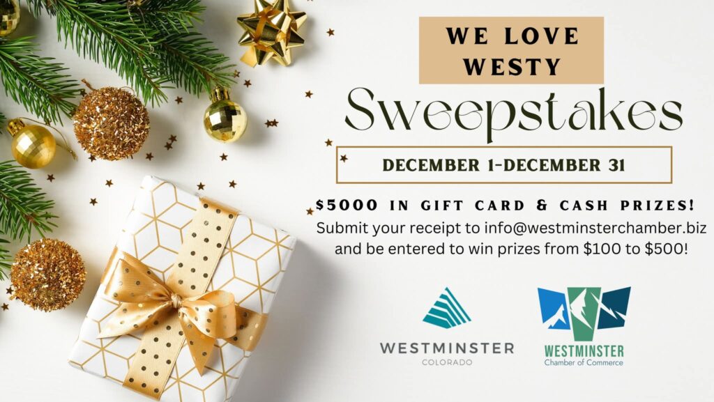 Present, ornaments and edge of a holiday tree with text around the We Love Westy sweepstakes