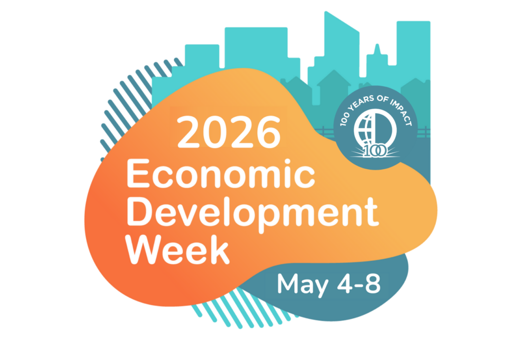Decorative images with a cartoon city skyline in the back and text about 2026 Economic Development Week in the front
