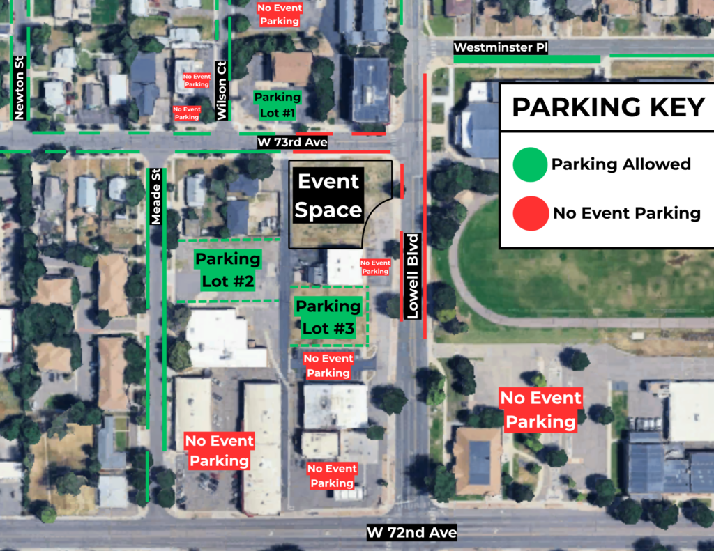 Aerial map of the corner of 73rd Avenue and Lowell Bouelvard with colored options showing where event parking is allowed and where it isnt