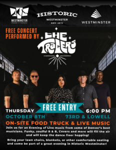Concert flyer - logos of hots on the top, the bad below which include 4 men and a woman, and information on the bottom around the date, time, location, and feature items