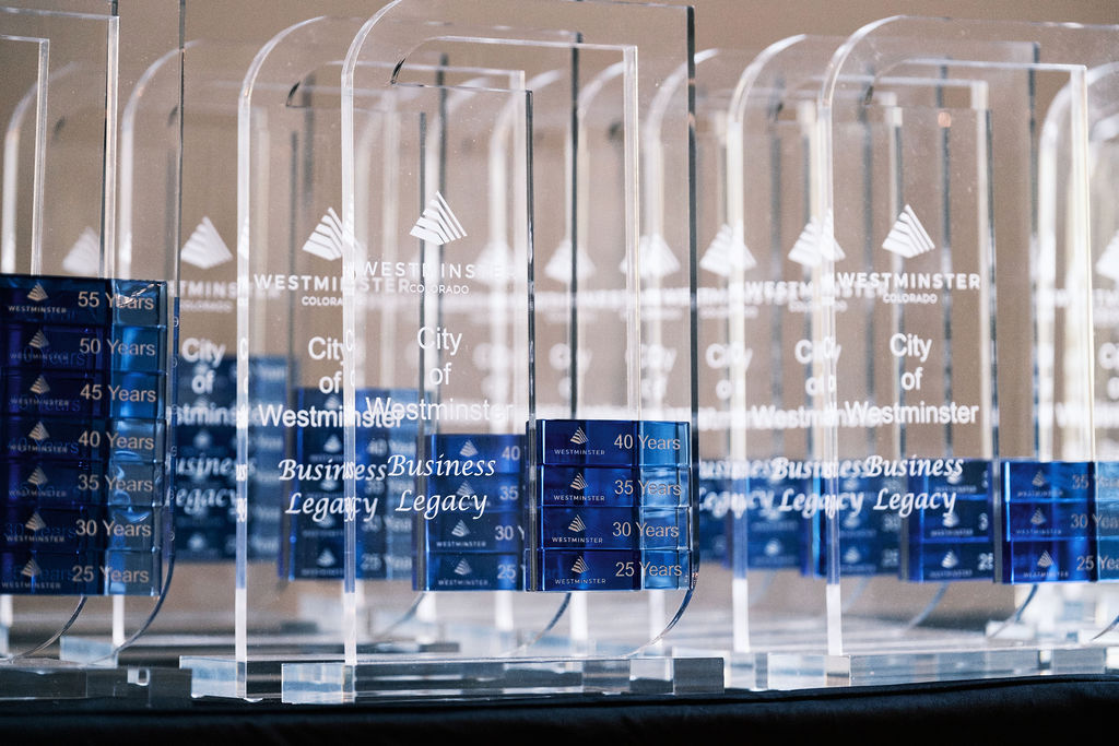 Business legacy awards lined up on a table